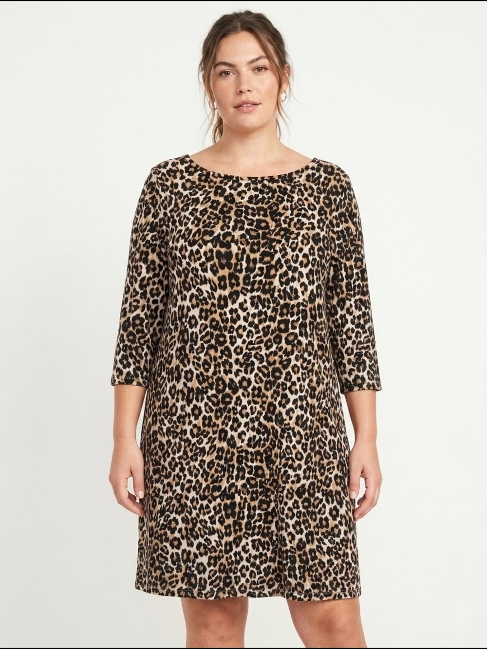 Isaac Mizrahi NY 100% Cotton Leopard Print 3/4 Sleeve Shift Dress L